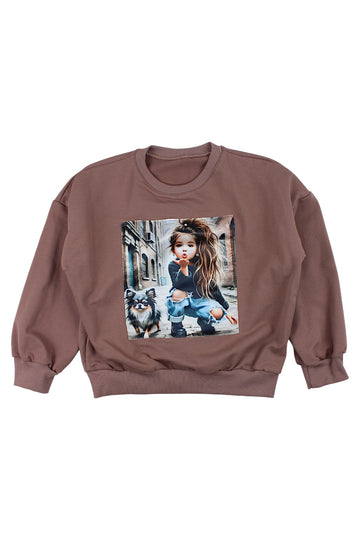 Bluza ekran dziewczynka w jeansach dziewczęca czekolada Guliwerkids 4119-221025