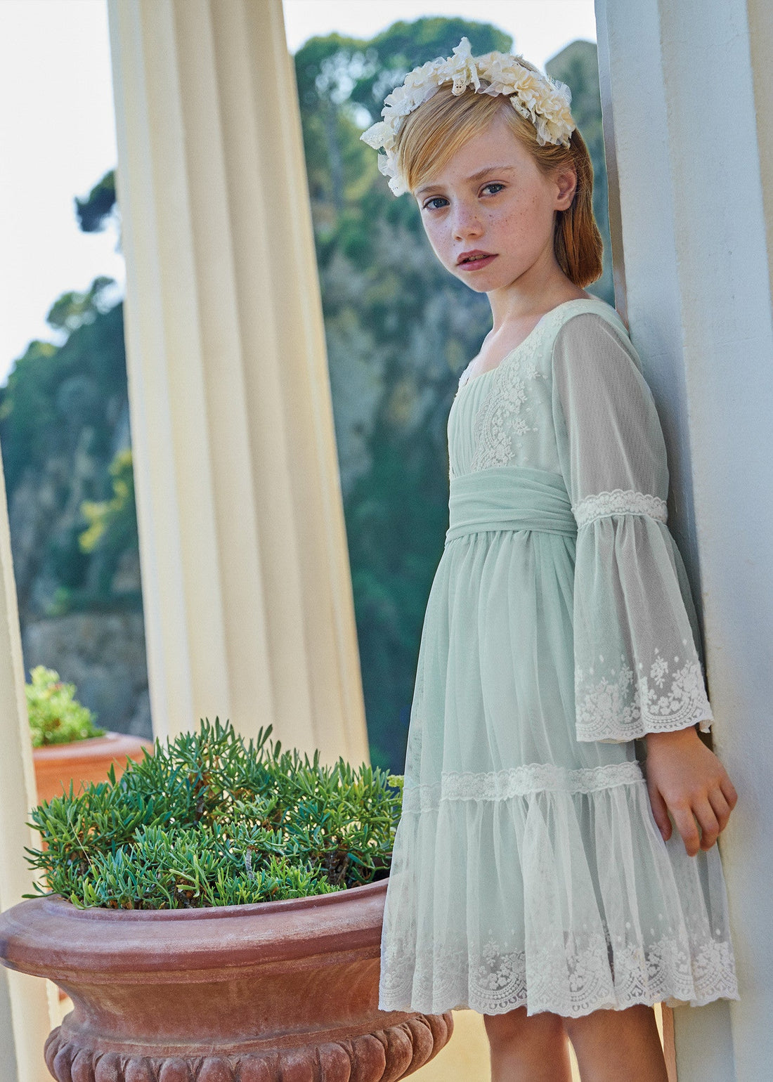 Abel & Lula 5036-55 Sukienka z haftowanym tiulem dziewczynka kolor ecru-anise -  - #tag1# - #tag2# - #tag3# - #tag4#