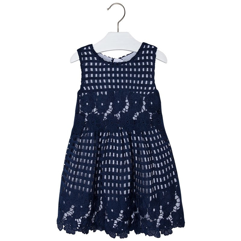 Mayoral 3938-18 Sukienka z koronką i lamówką  kolor Granatowy -  - #tag1# - #tag2# - #tag3# - #tag4#