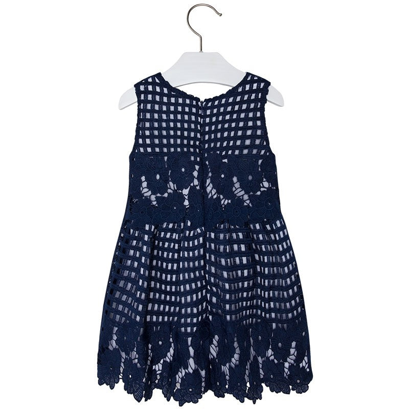 Mayoral 3938-18 Sukienka z koronką i lamówką  kolor Granatowy -  - #tag1# - #tag2# - #tag3# - #tag4#