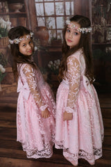 Sukienka koronkowa z kokardą dziewczęca różowa MałaMi 1877-5326-40