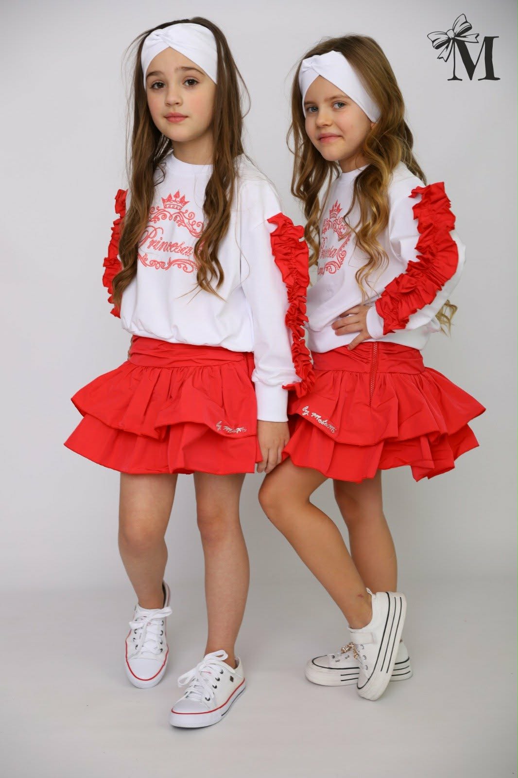 Komplet bluza plus spódnica z falbanami dziewczęcy koral Małami 2774-27226