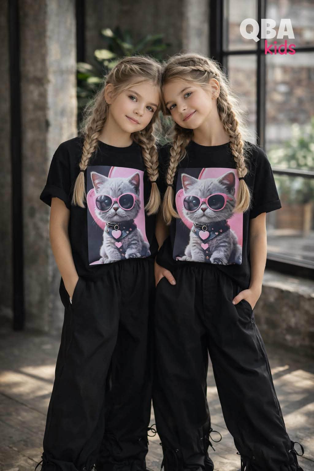 t-shirt z kotkiem dziewczęca czarny Qbakids 3154-25226-14