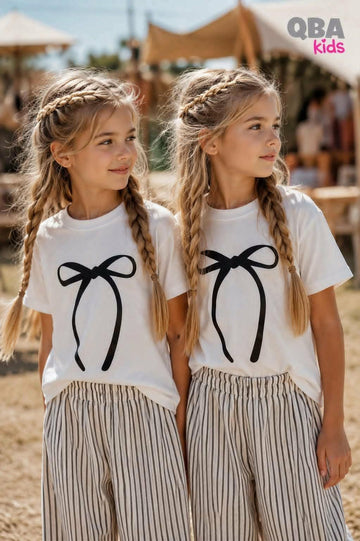 T-shirt dziewczęcy kremowy z kokardką Qba 6093-17626-28
