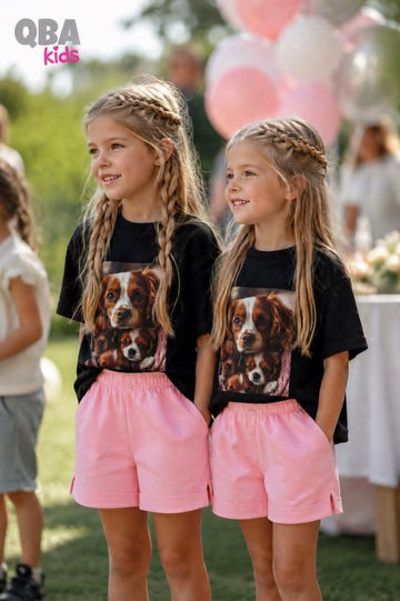 T-shirt dziewczęcy czarny z pieskami Qba 5106-9526-14