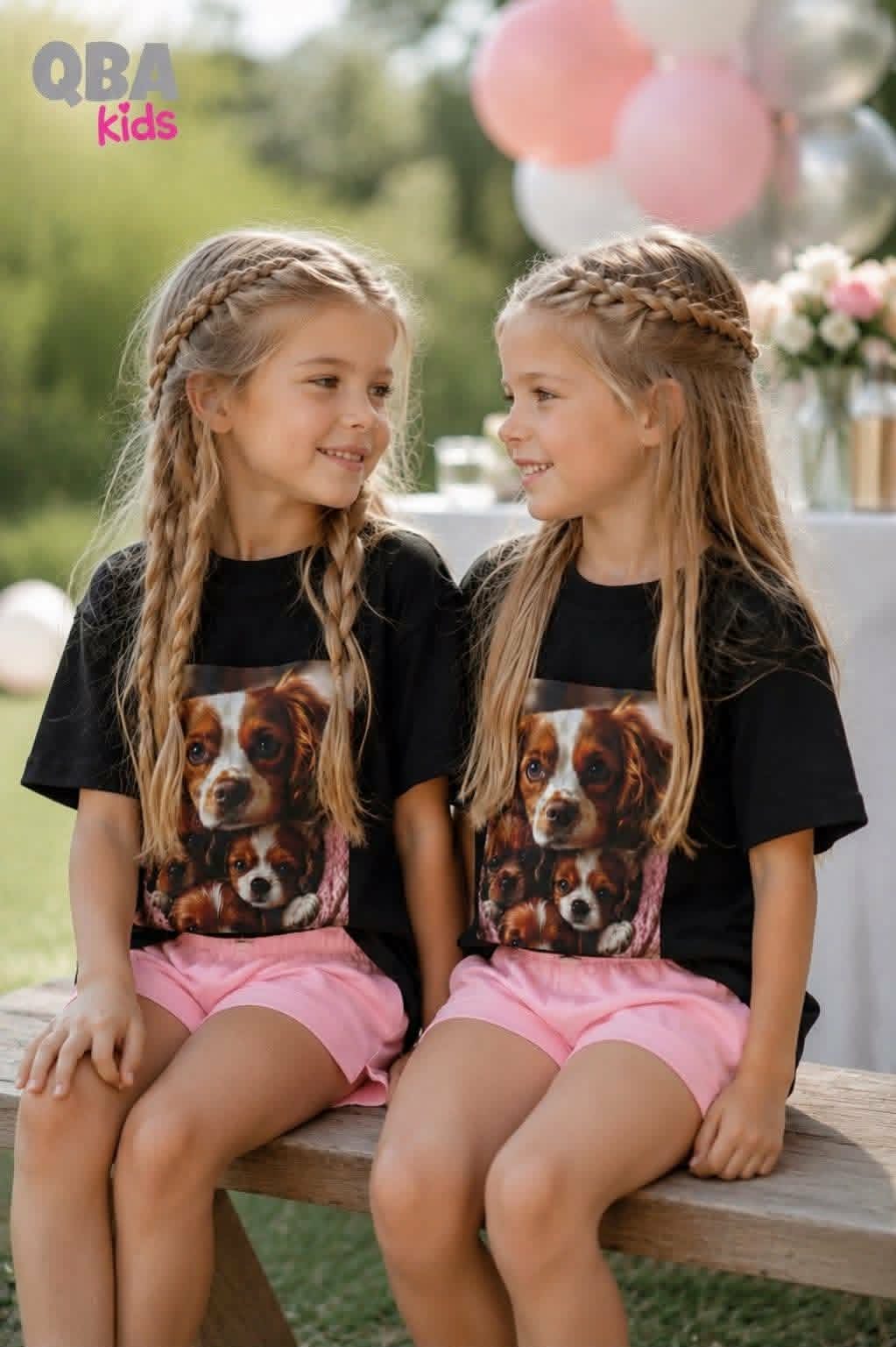 T-shirt dziewczęcy czarny z pieskami Qba 5106-9526-14